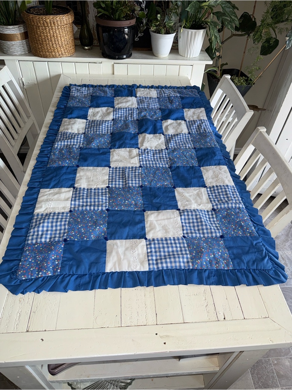 Vintage 1980s Blue Patchwork Quilted baby blanket  with blue Ruffle Edge